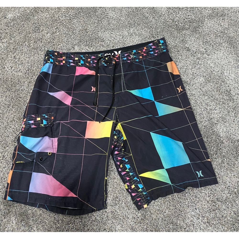 Hurley Mens Board Shorts Size 38 Black Neon Geometric Grid Swim MBS04P60GE